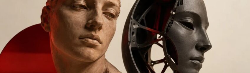Volto in argilla accanto a una maschera artificiale: antropomorfizzazione dell’intelligenza artificiale