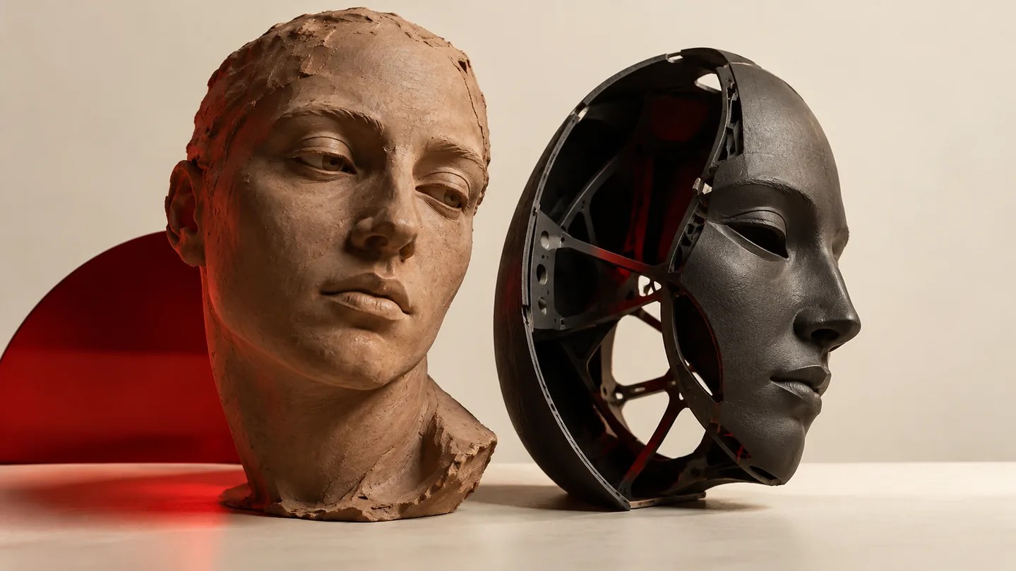 Volto in argilla accanto a una maschera artificiale: antropomorfizzazione dell’intelligenza artificiale