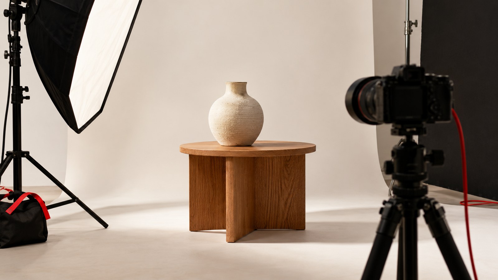 Set di fotografia prodotto con vaso in ceramica su tavolino in legno, softbox e fotocamera su treppiede, senza persone.