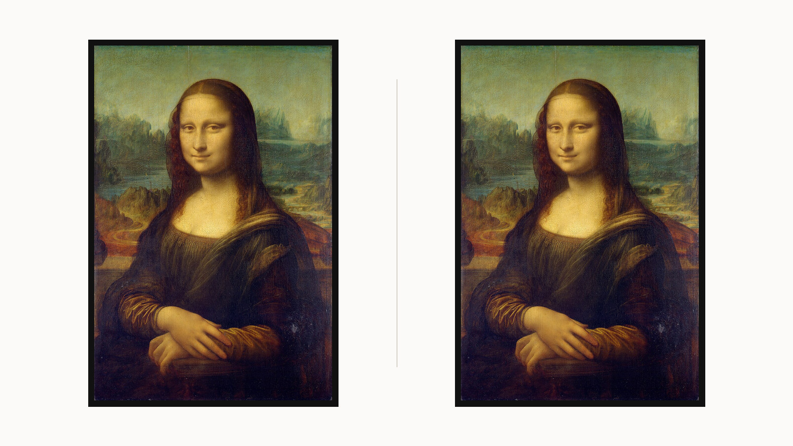 Due riproduzioni identiche della Gioconda affiancate: somiglianza visiva e origine dell’opera.